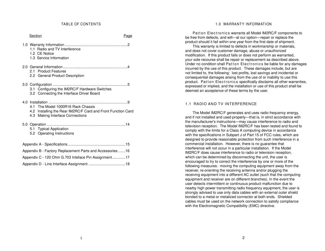 Patton electronic IM2RC/F user manual Table of Contents, Warranty Information, Radio and TV Interference 