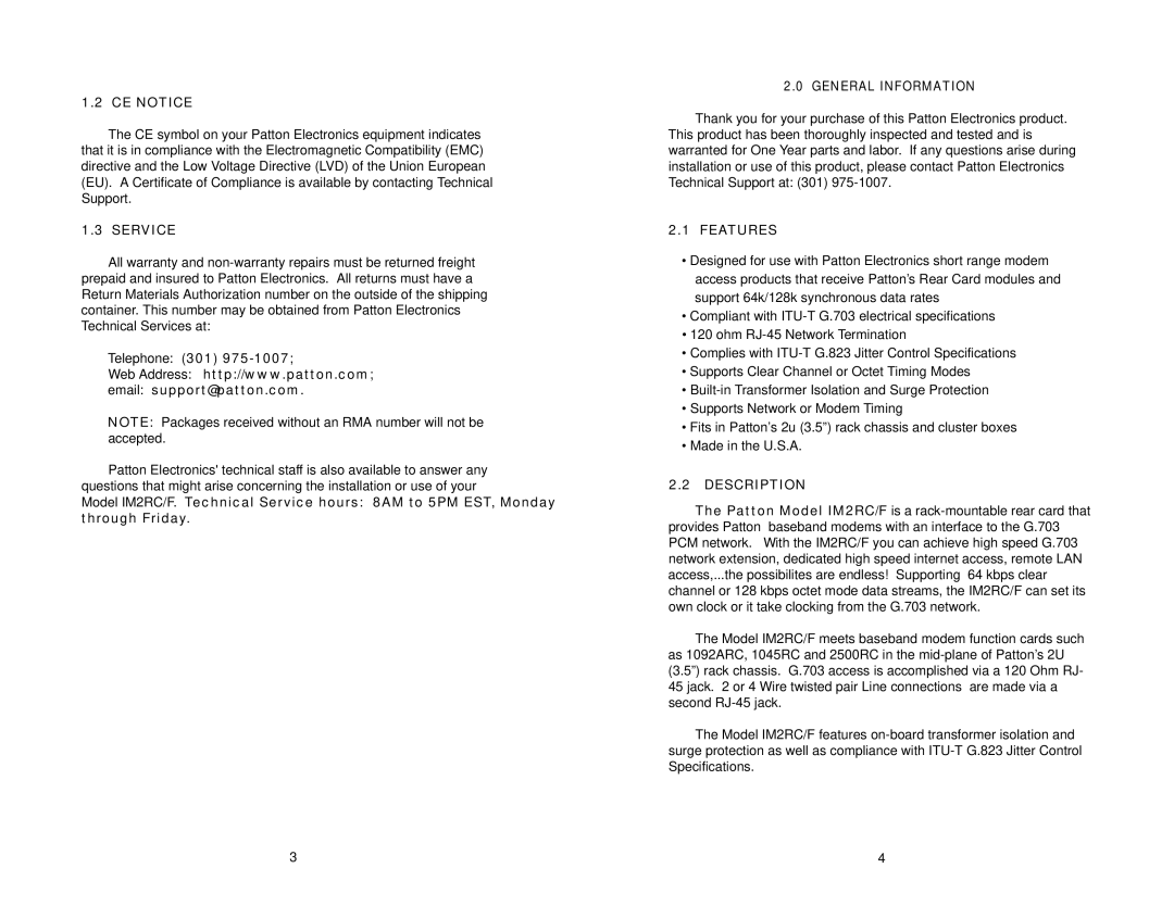 Patton electronic IM2RC/F user manual CE Notice, Service, General Information, Features, Description 