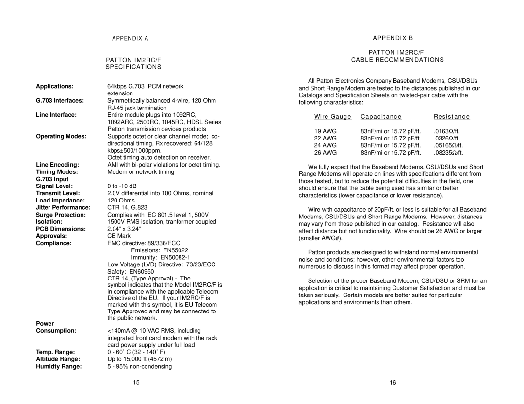 Patton electronic user manual Appendix a, Specifications, Appendix B Patton IM2RC/F Cable Recommendations 