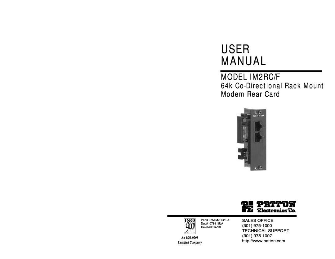 Patton electronic user manual User Manual, MODEL IM2RC/F, 64k Co-Directional Rack Mount Modem Rear Card, Doc# 078411UA 