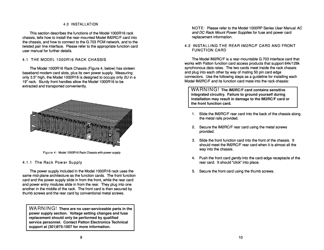 Patton electronic IM2RC/F user manual Installation, THE MODEL 1000R16 RACK CHASSIS, The Rack Power Supply 