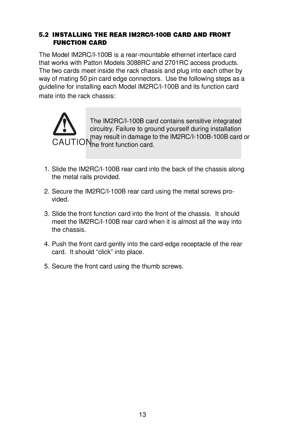 Patton electronic IM2RC/I-100B user manual Mate into the rack chassis, Front function card 