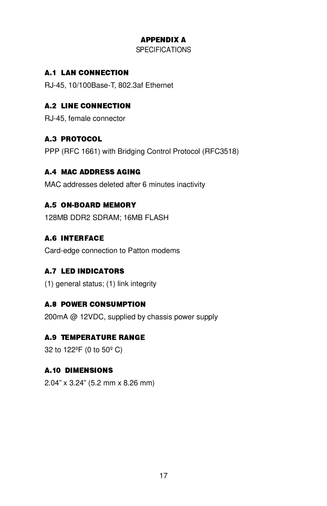 Patton electronic IM2RC/I-100B Appendix a, LAN Connection, Line Connection, Protocol, MAC Address Aging, ON-BOARD Memory 