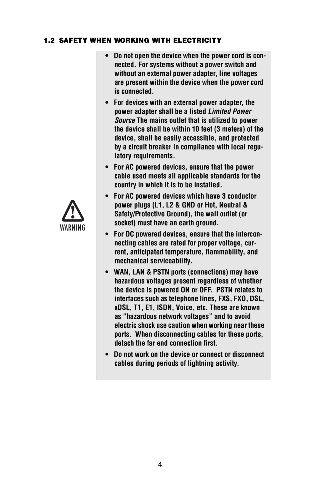 Patton electronic IM2RC/I-100B user manual Safety When Working with Electricity, Socket must have an earth ground 