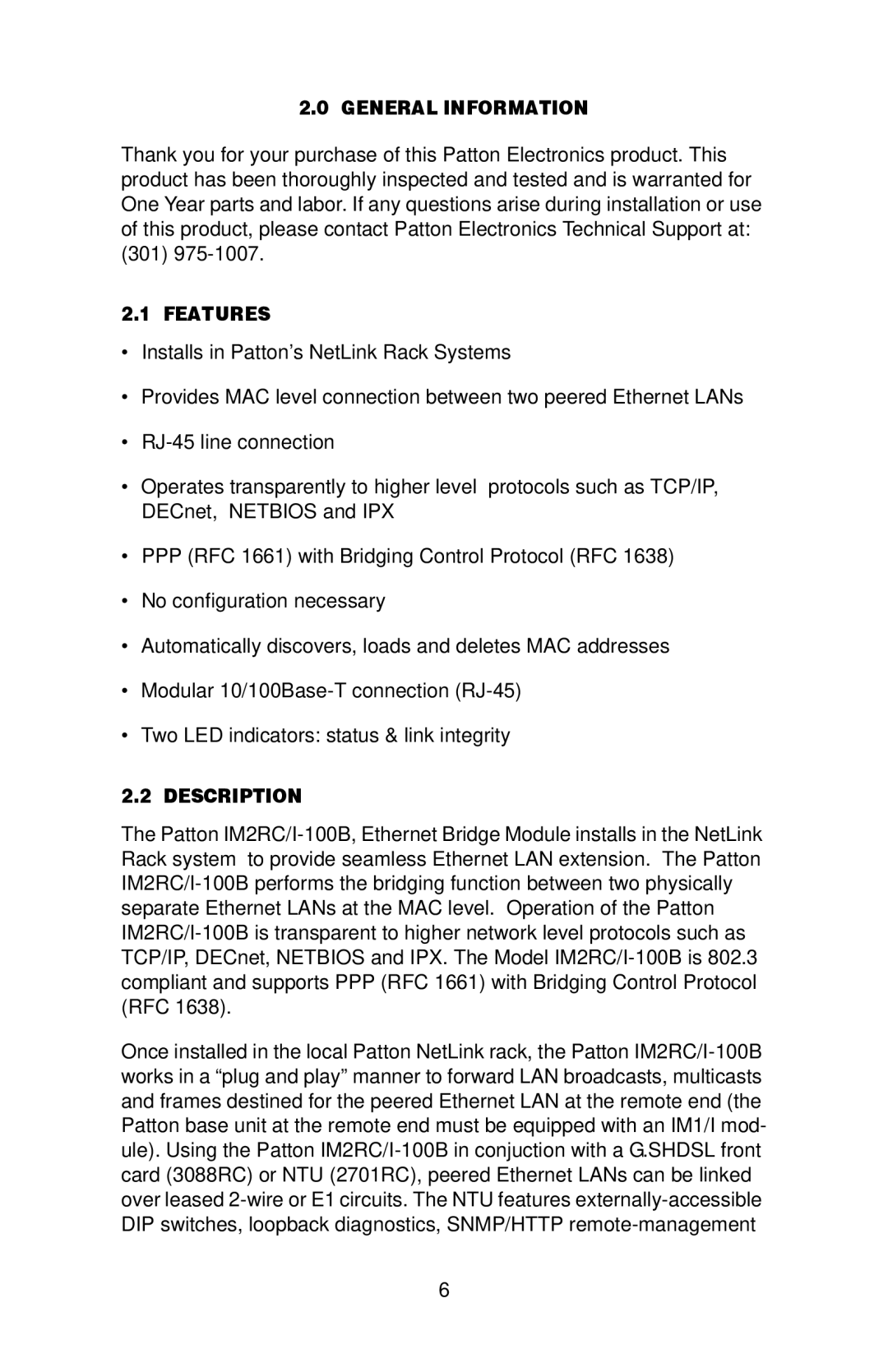 Patton electronic IM2RC/I-100B user manual General Information, Features, Description 