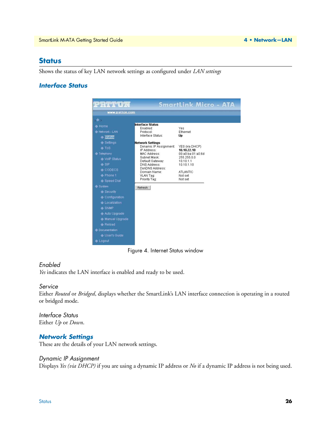 Patton electronic M-ATA manual Interface Status, Network Settings 