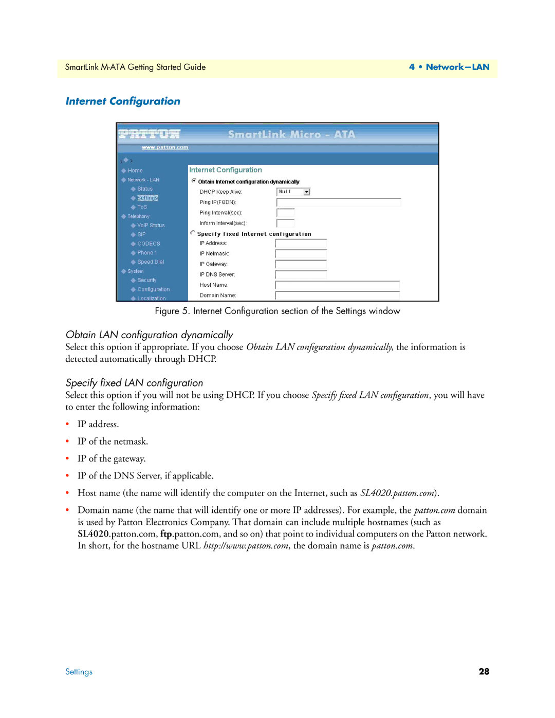 Patton electronic M-ATA manual Internet Conﬁguration, Obtain LAN conﬁguration dynamically, Specify ﬁxed LAN conﬁguration 