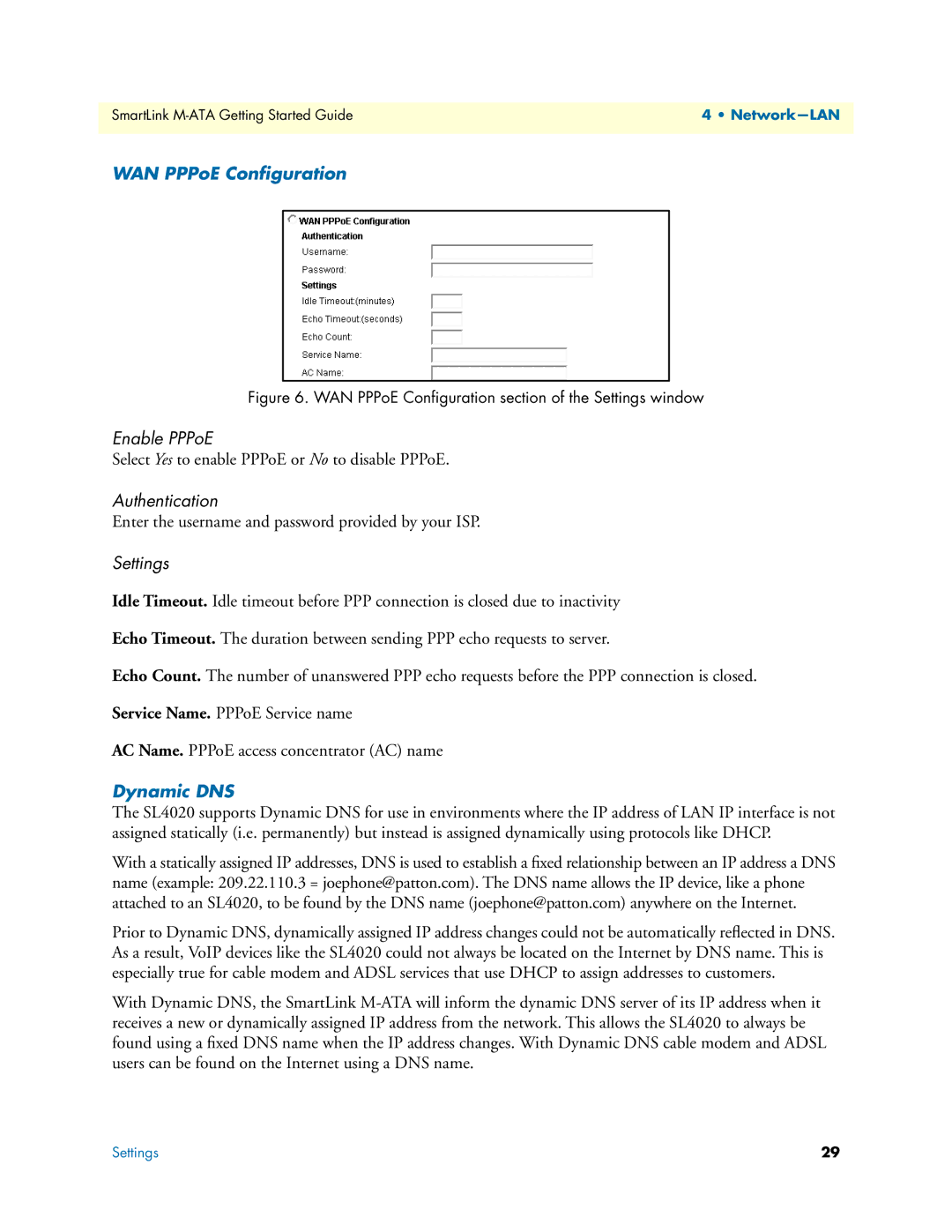 Patton electronic M-ATA manual WAN PPPoE Conﬁguration, Enable PPPoE, Authentication, Settings, Dynamic DNS 