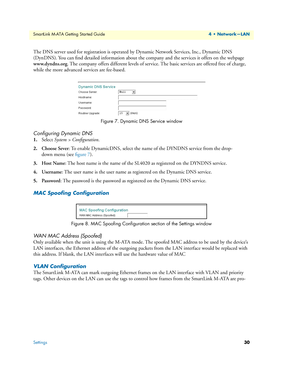 Patton electronic M-ATA manual Conﬁguring Dynamic DNS, MAC Spooﬁng Conﬁguration, WAN MAC Address Spoofed, Vlan Conﬁguration 