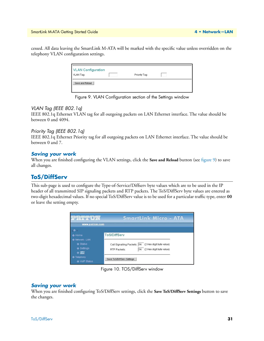 Patton electronic M-ATA manual ToS/DiffServ, Vlan Tag Ieee 802.1q, Priority Tag Ieee 802.1q, Saving your work 