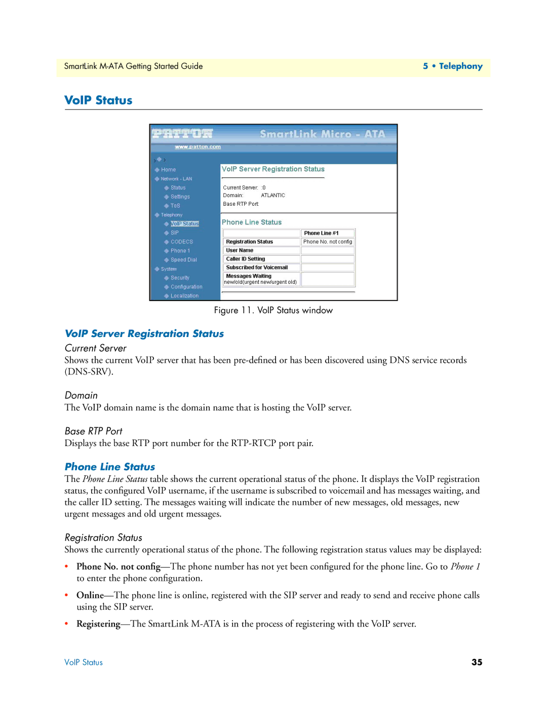 Patton electronic M-ATA manual VoIP Status, VoIP Server Registration Status, Phone Line Status 