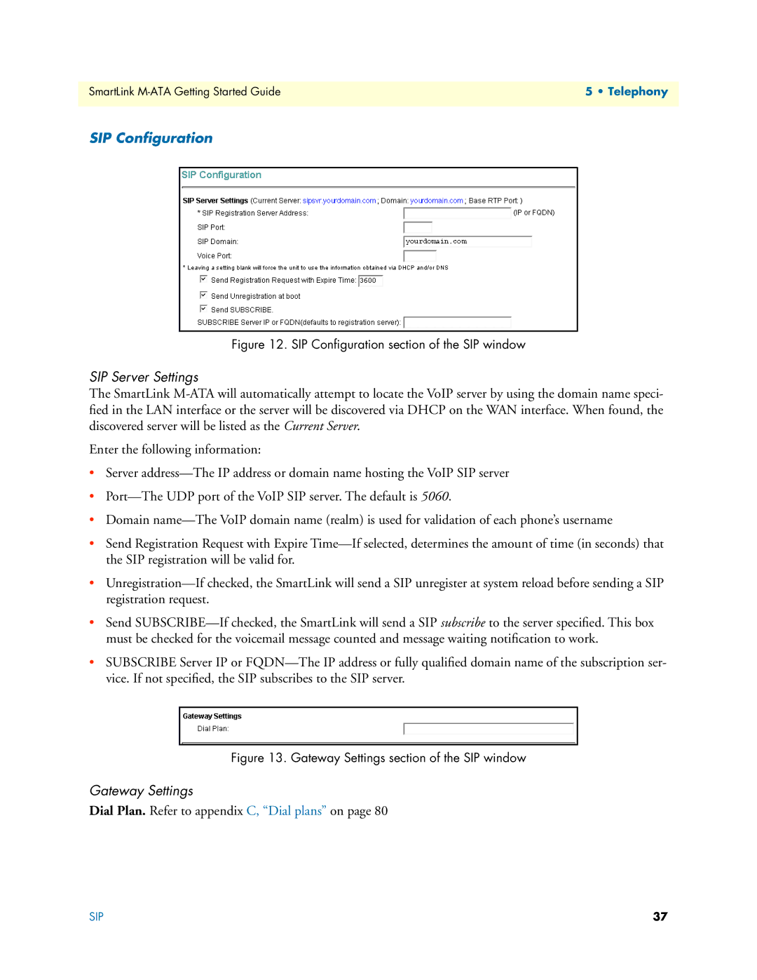 Patton electronic M-ATA manual SIP Conﬁguration, SIP Server Settings, Gateway Settings 