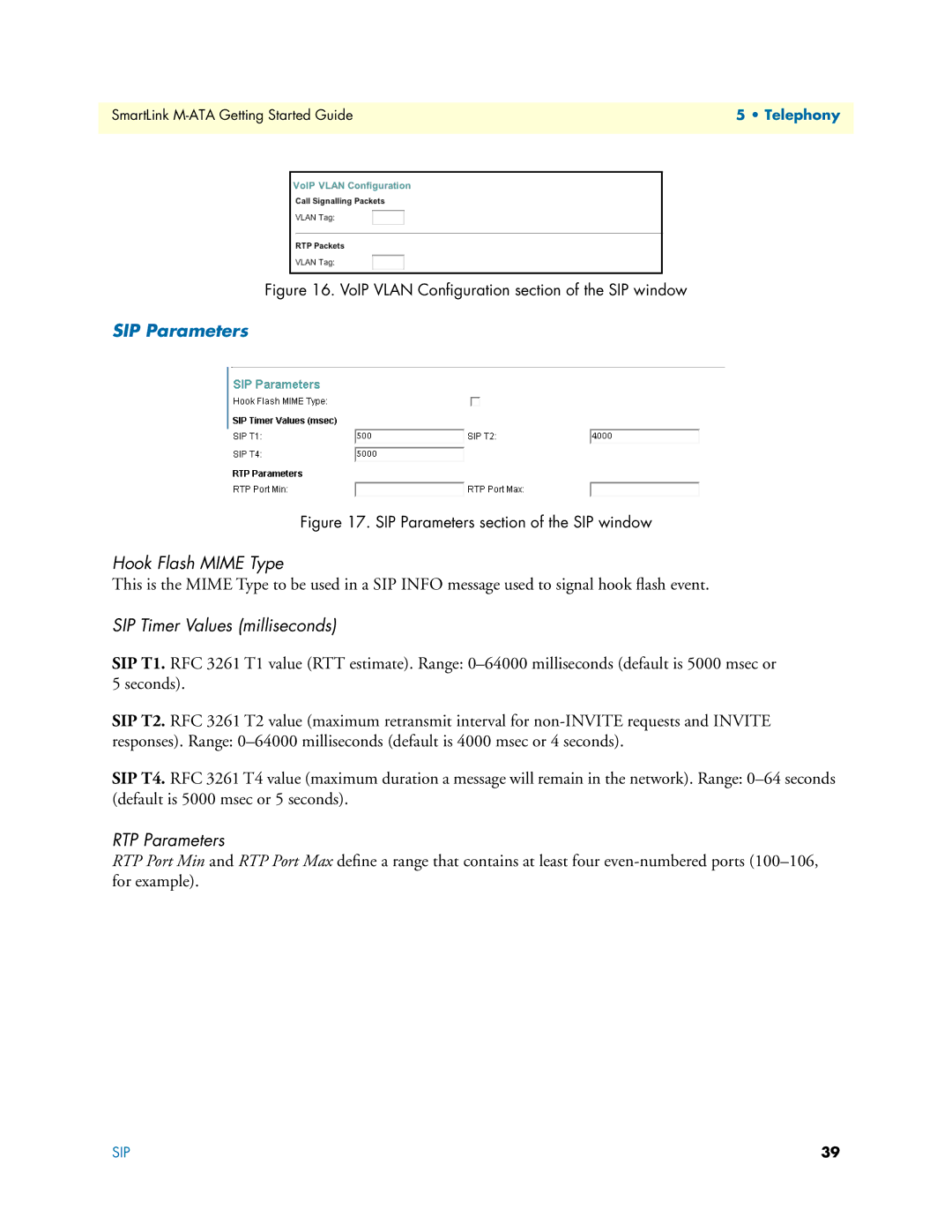 Patton electronic M-ATA manual SIP Parameters, Hook Flash Mime Type, SIP Timer Values milliseconds, RTP Parameters 