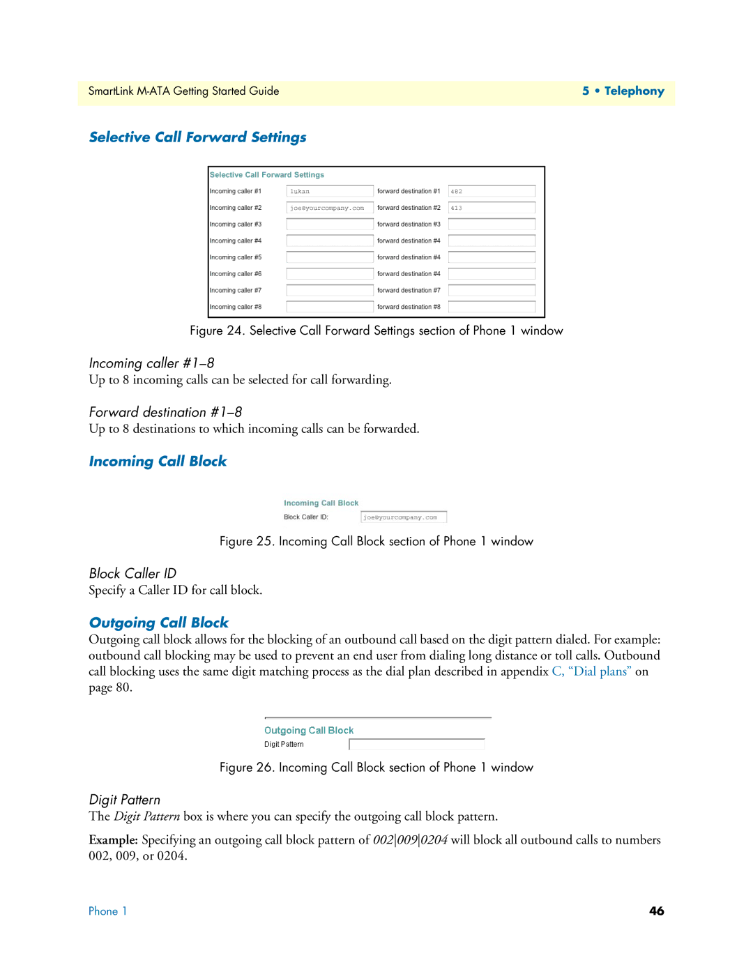 Patton electronic M-ATA manual Selective Call Forward Settings, Incoming Call Block, Outgoing Call Block 