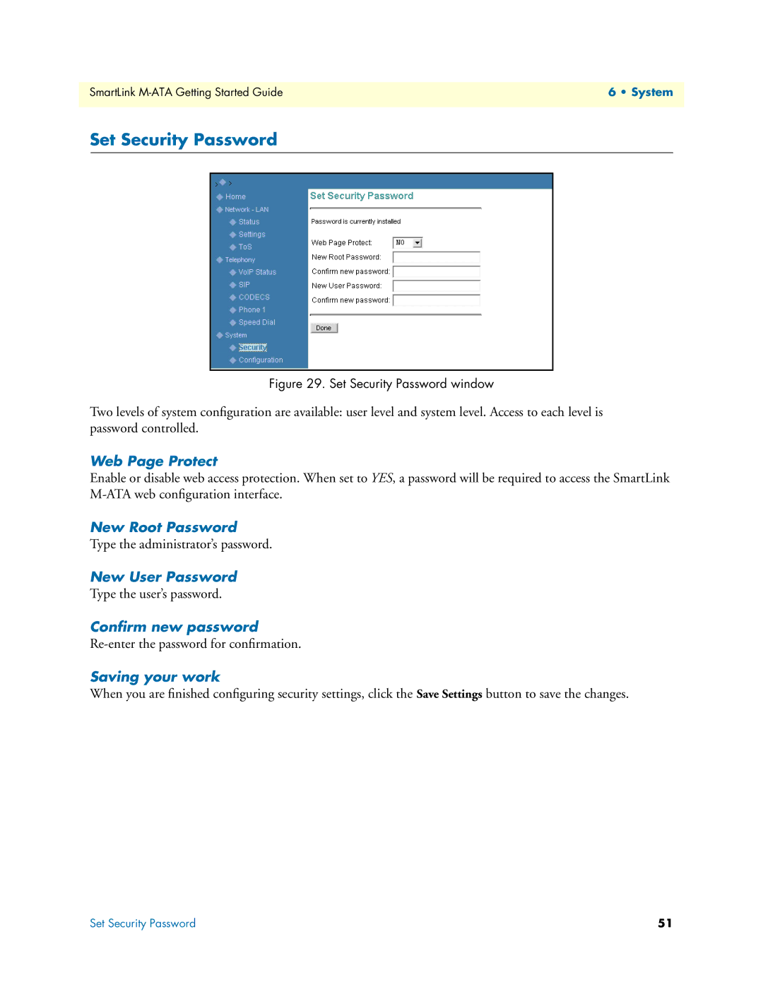 Patton electronic M-ATA Set Security Password, Web Page Protect, New Root Password, New User Password, Conﬁrm new password 