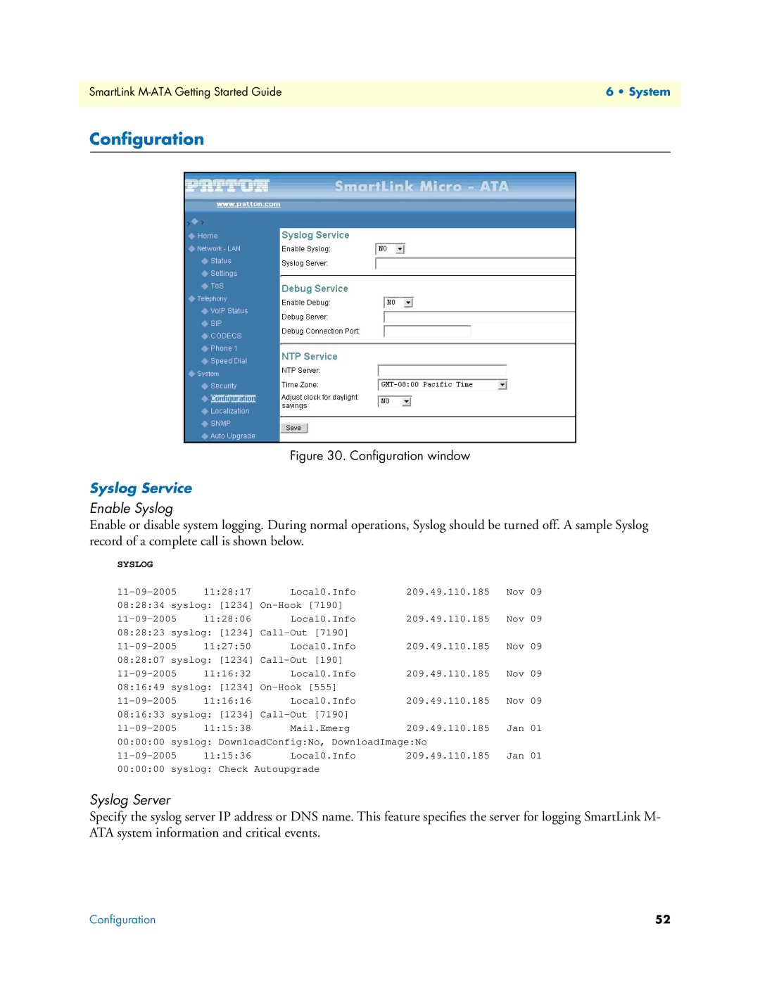 Patton electronic M-ATA manual Conﬁguration, Syslog Service, Enable Syslog, Syslog Server 