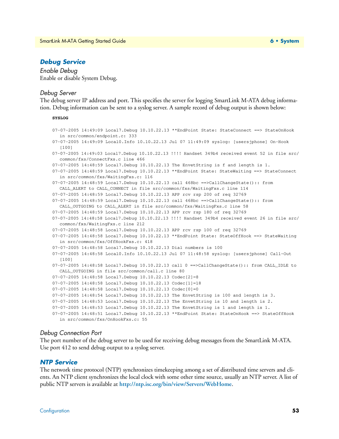 Patton electronic M-ATA manual Debug Service, Enable Debug, Debug Server, Debug Connection Port, NTP Service 