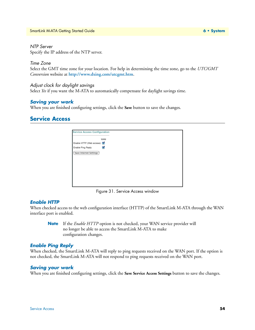 Patton electronic M-ATA manual Service Access, NTP Server, Time Zone Adjust clock for daylight savings, Enable Http 