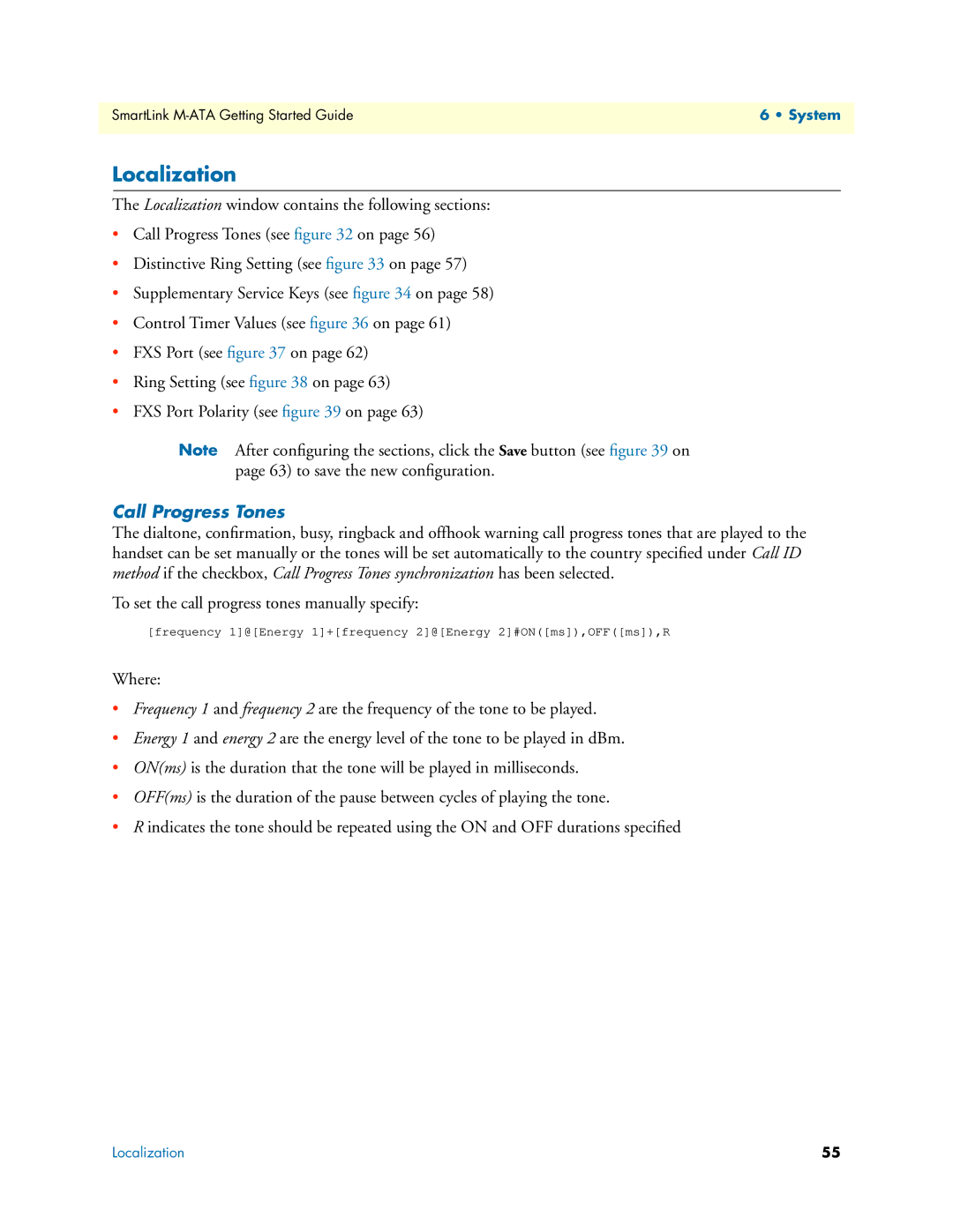 Patton electronic M-ATA manual Localization, Call Progress Tones 