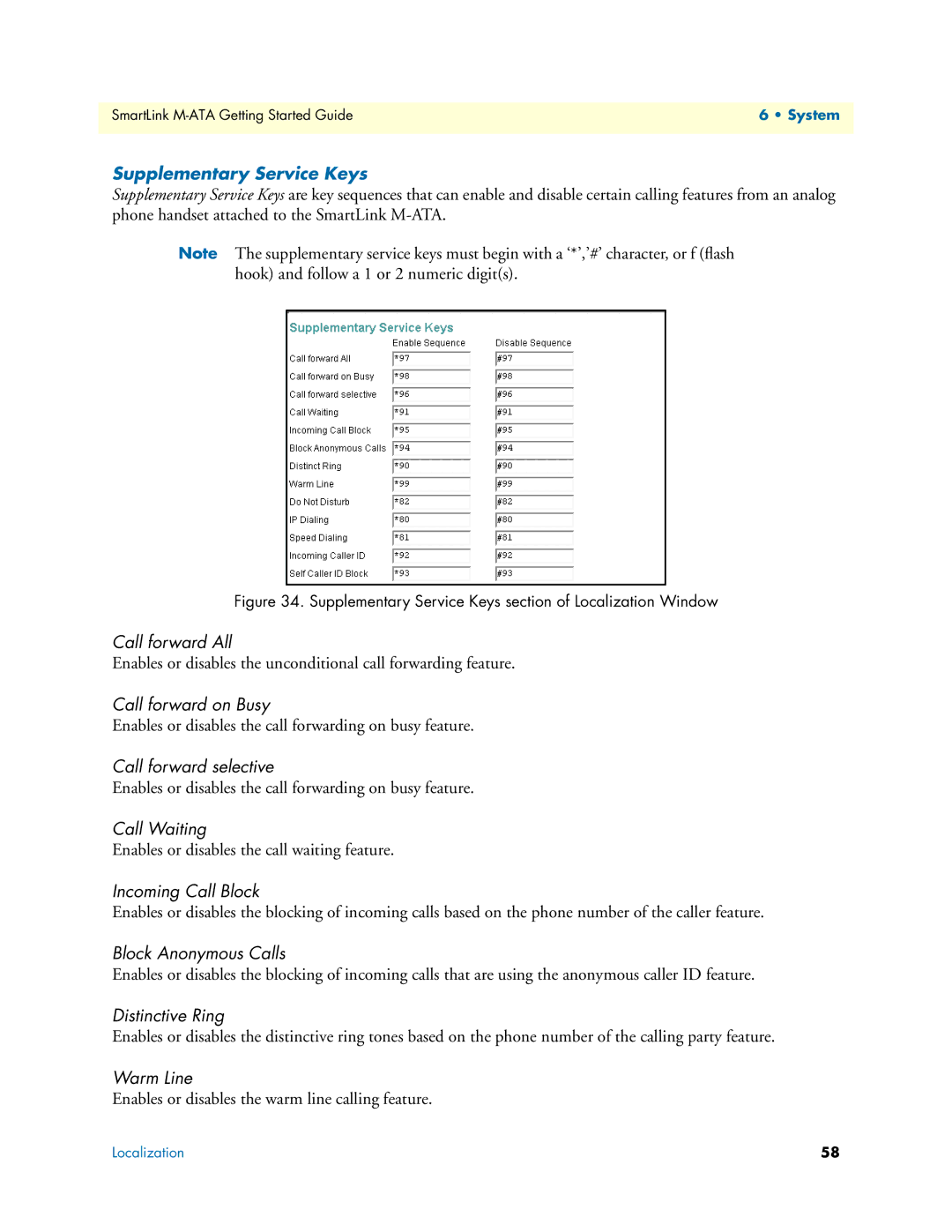 Patton electronic M-ATA manual Supplementary Service Keys, Call forward selective, Block Anonymous Calls, Warm Line 