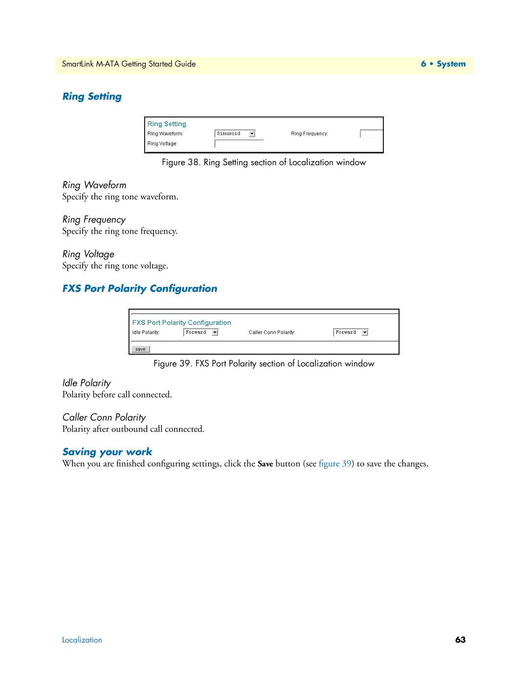 Patton electronic M-ATA manual Ring Setting, FXS Port Polarity Conﬁguration 