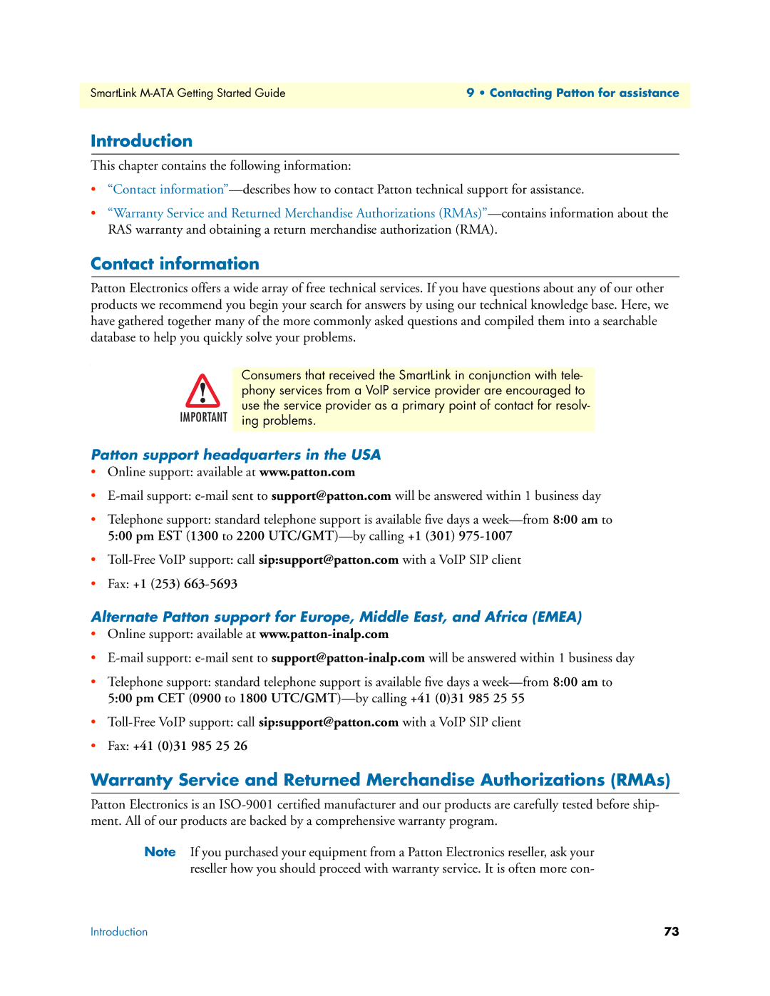 Patton electronic M-ATA manual Contact information, Patton support headquarters in the USA 