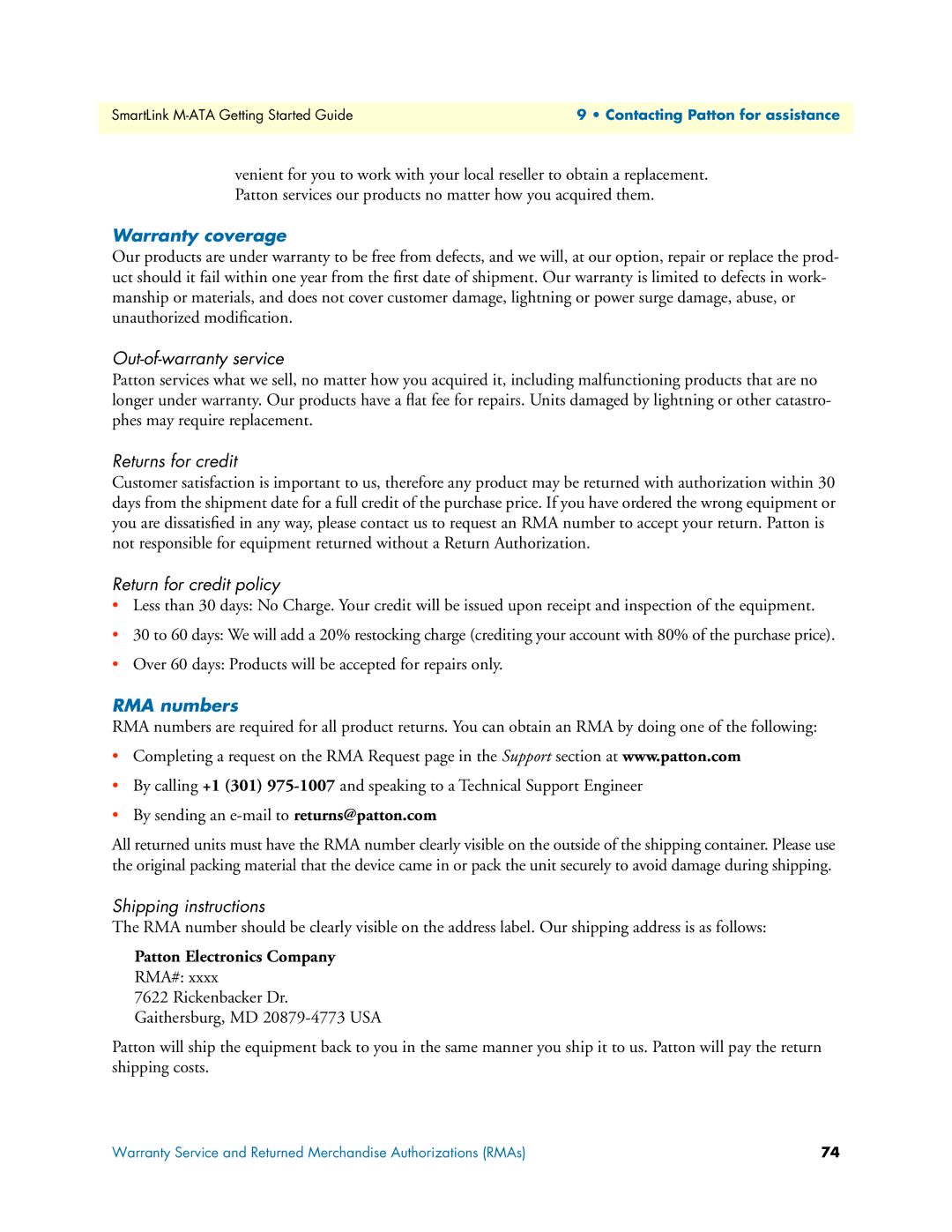 Patton electronic M-ATA manual Warranty coverage, RMA numbers 