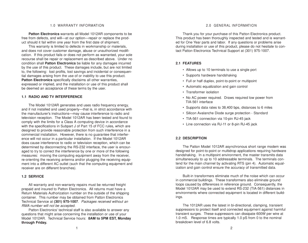 Patton electronic MODEL 1012AR user manual Radio and TV Interference, Service, Features, Description 