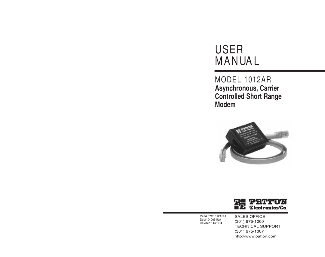Patton electronic MODEL 1012AR user manual User M A N Ua L, Asynchronous, Carrier Controlled Short Range Modem 