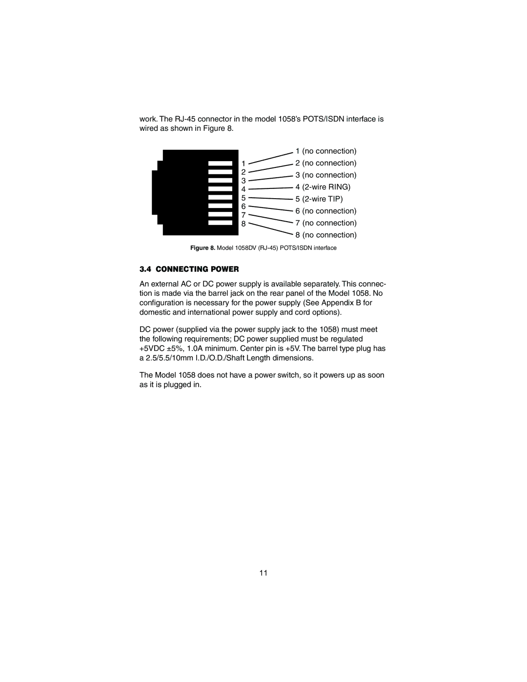 Patton electronic user manual Connecting Power, Model 1058DV RJ-45 POTS/ISDN interface 