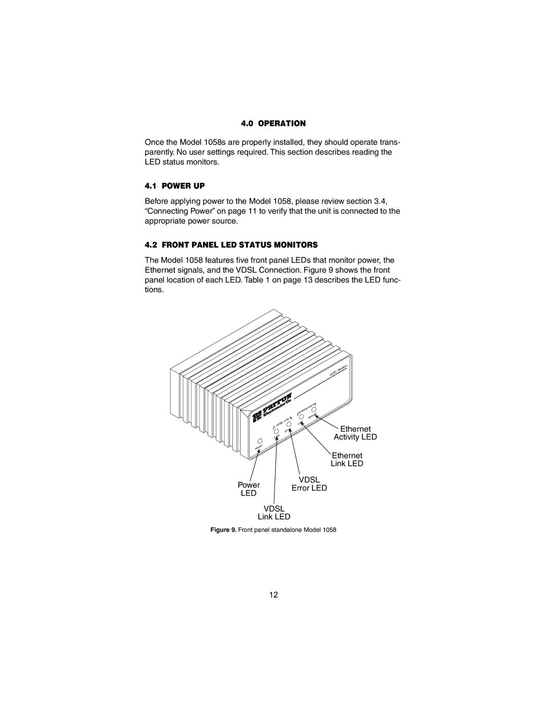 Patton electronic Model 1058 user manual Operation, Power UP, Front Panel LED Status Monitors 