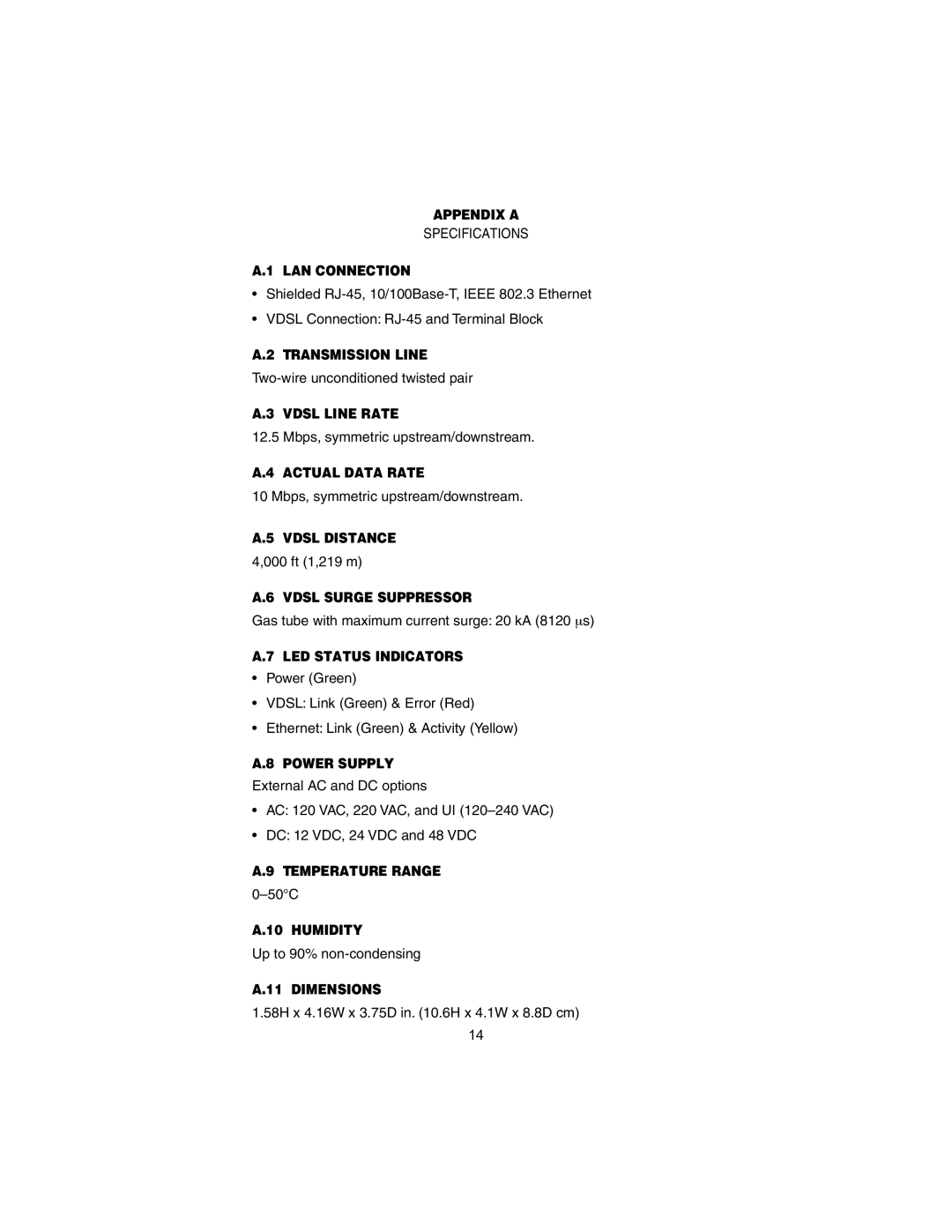 Patton electronic Model 1058 Appendix a, LAN Connection, Transmission Line, Vdsl Line Rate, Actual Data Rate, Power Supply 