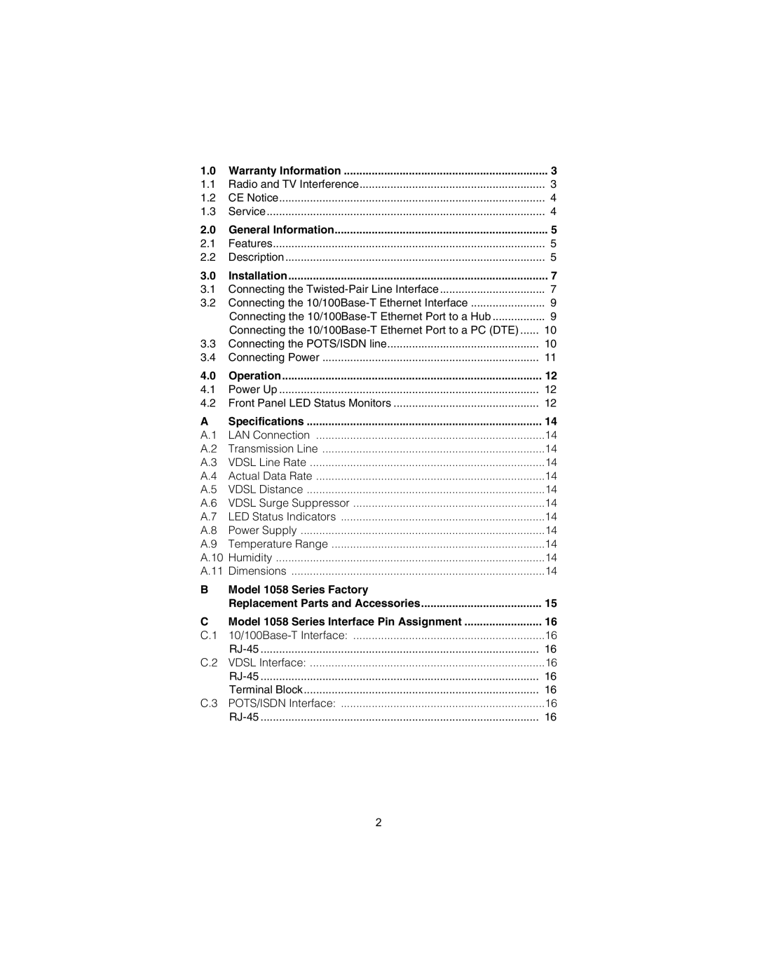 Patton electronic Model 1058 user manual Warranty Information, General Information, Installation, Operation, Specifications 