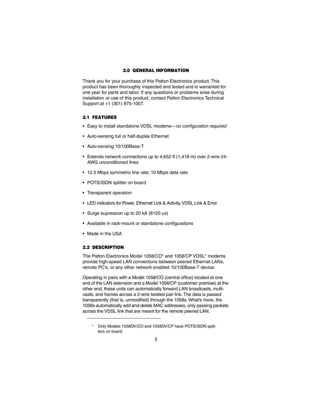 Patton electronic Model 1058 user manual General Information, Features, Description 