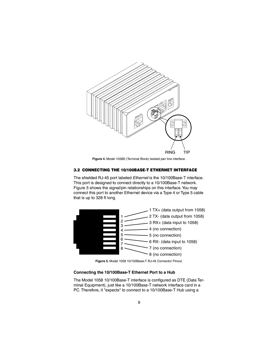 Patton electronic Model 1058 user manual Connecting the 10/100BASE-T Ethernet Interface 