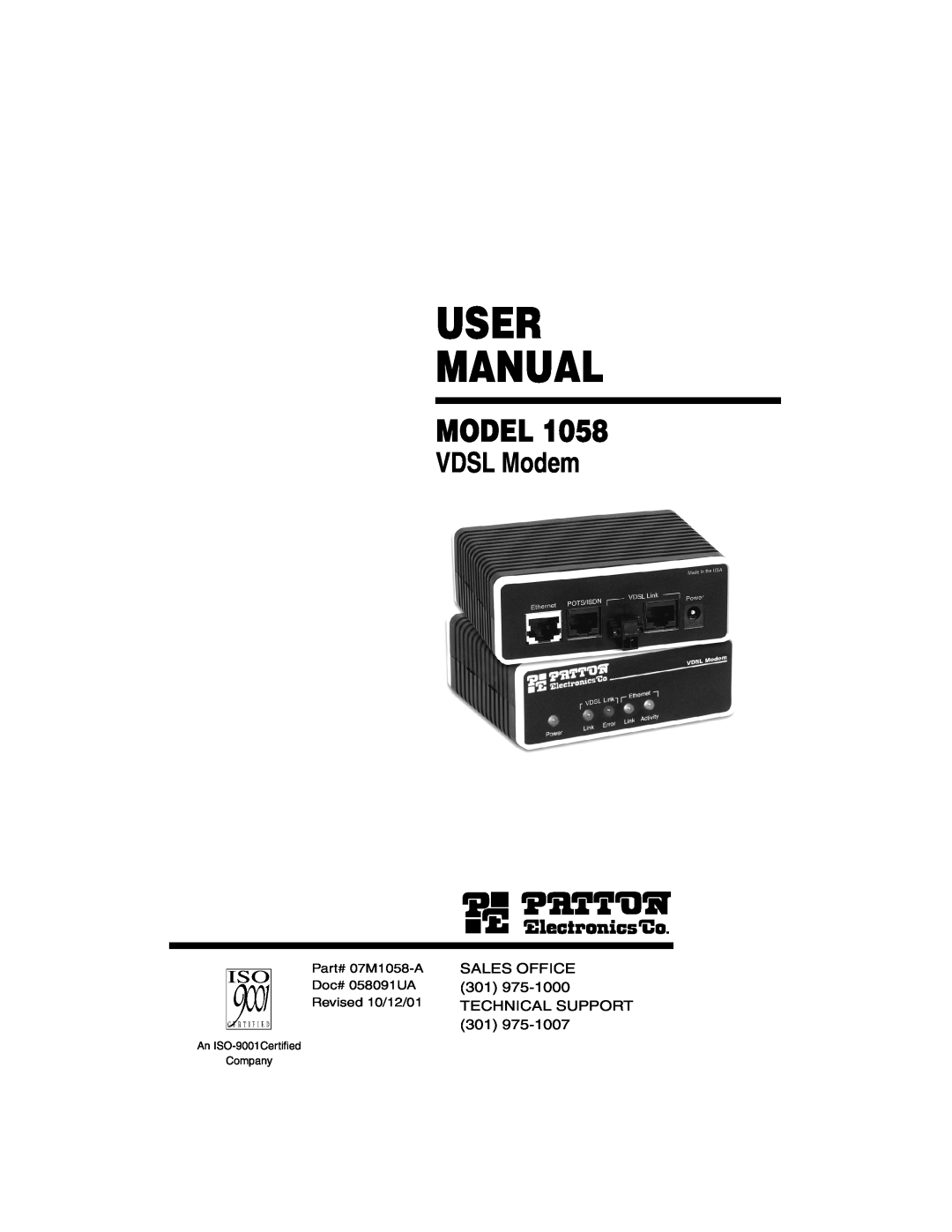 Patton electronic Model 1058 user manual User Manual, VDSL Modem, An ISO-9001Certiﬁed Company 