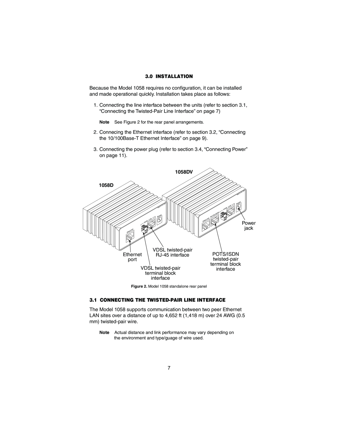 Patton electronic Model 1058 user manual Installation, 1058DV, Connecting The Twisted-Pair Line Interface 