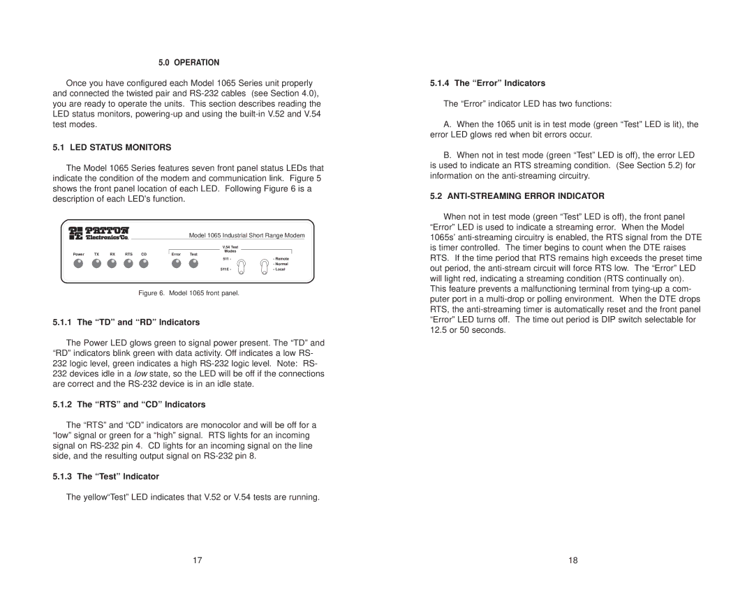 Patton electronic Model 1065 user manual LED Status Monitors, ANTI-STREAMING Error Indicator 
