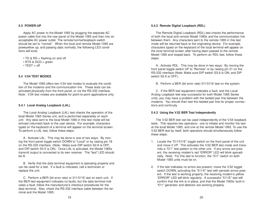 Patton electronic Model 1065 user manual Power-Up, V.54 Test Modes, Local Analog Loopback LAL, Remote Digital Loopback RDL 
