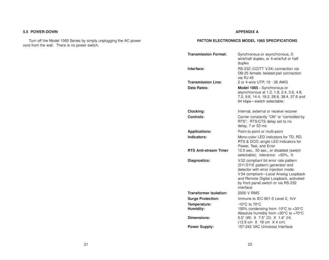 Patton electronic user manual Power-Down, Appendix a Patton Electroniics Model 1065 Specifications 