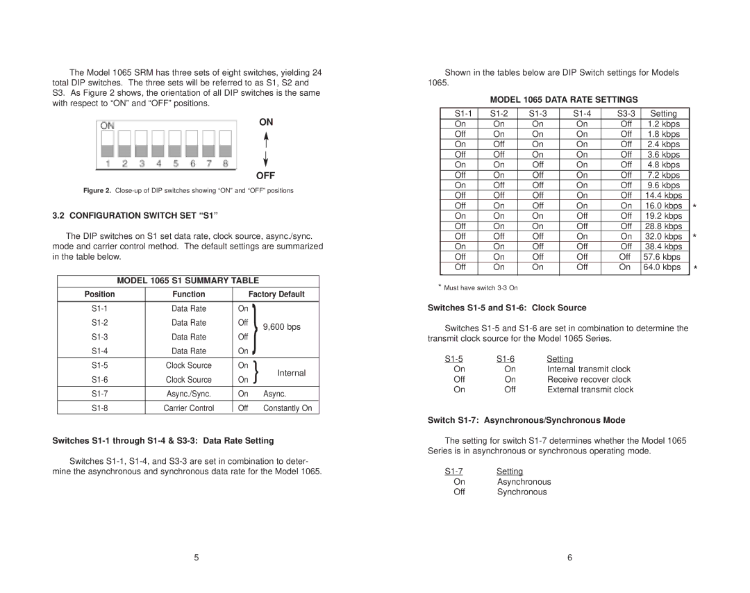 Patton electronic user manual Configuration Switch SET S1, Model 1065 S1 Summary Table, Model 1065 Data Rate Settings 