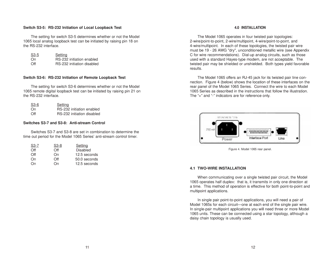 Patton electronic Model 1065 user manual Switch S3-5 RS-232 Initiation of Local Loopback Test, TWO-WIRE Installation 