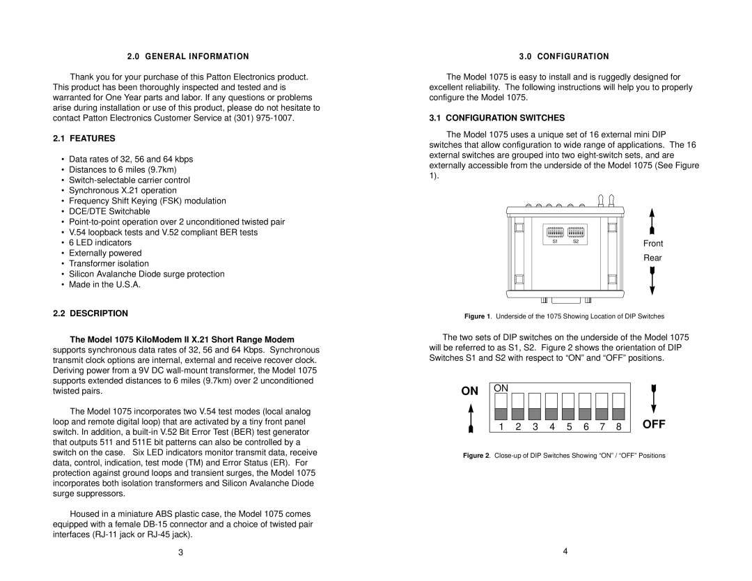 Patton electronic MODEL 1075 user manual Features, Description, Configuration Switches 