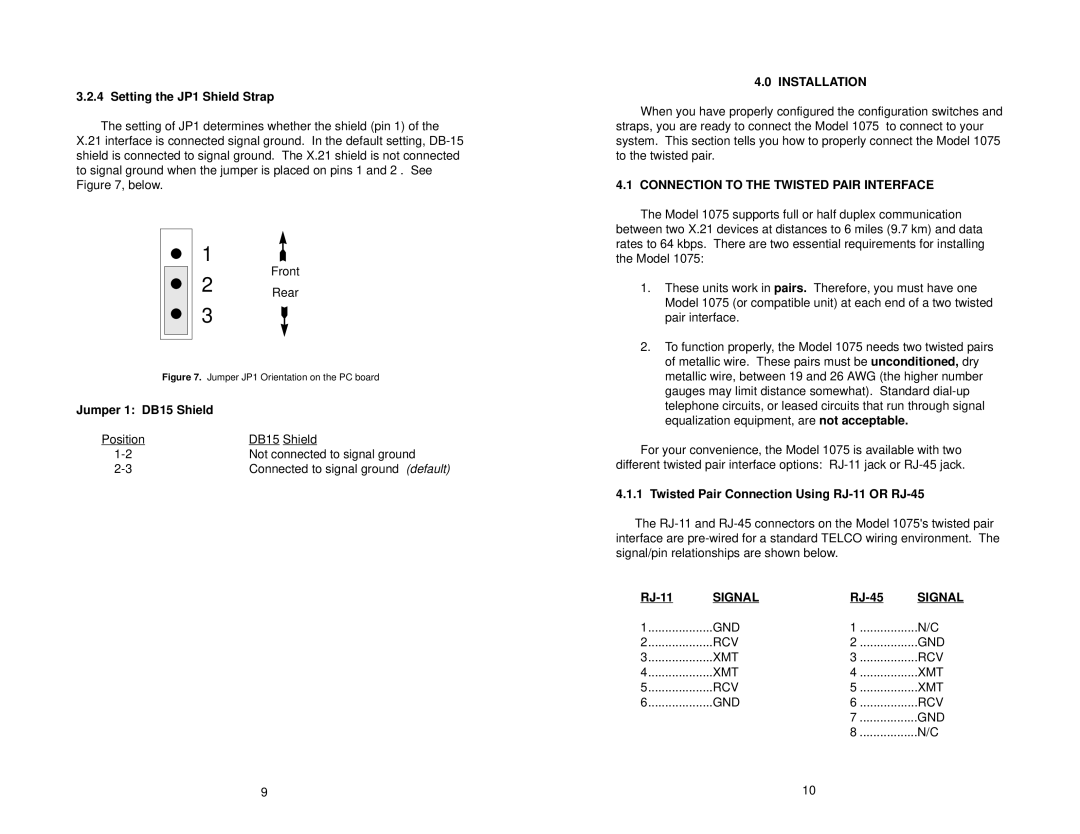 Patton electronic MODEL 1075 user manual Installation, Connection to the Twisted Pair Interface, Signal 