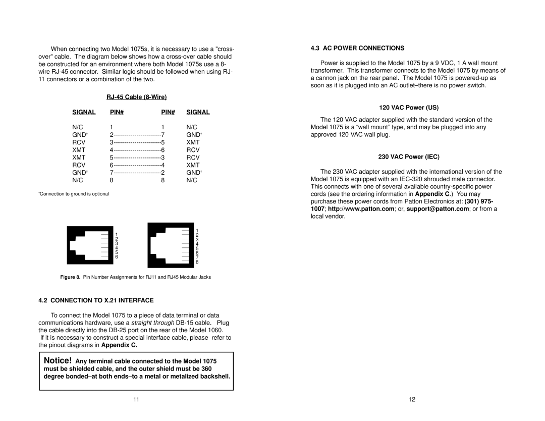 Patton electronic MODEL 1075 user manual Signal PIN#, Connection to X.21 Interface, AC Power Connections 