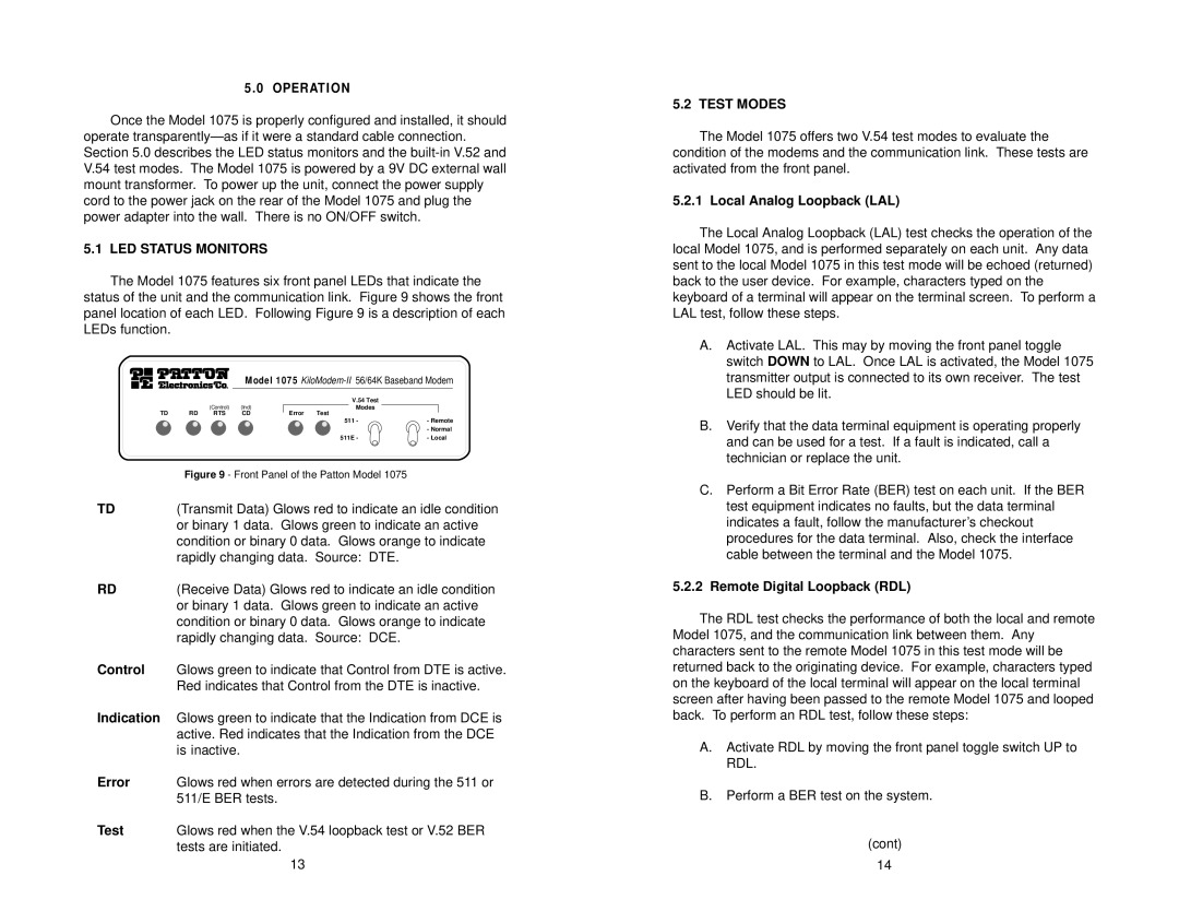 Patton electronic MODEL 1075 user manual LED Status Monitors, Test Modes 
