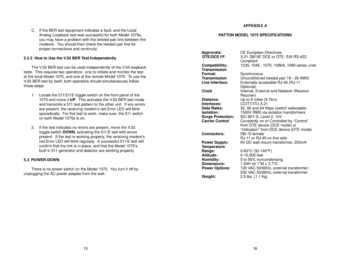 Patton electronic MODEL 1075 user manual Power-Down, Patton Model 1075 Specifications, Dte/Dce I/F 