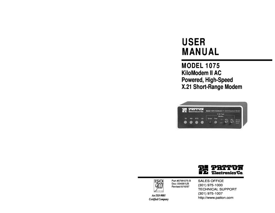 Patton electronic MODEL 1075 user manual User Manual, Model, KiloModem II AC Powered, High-Speed X.21 Short-Range Modem 