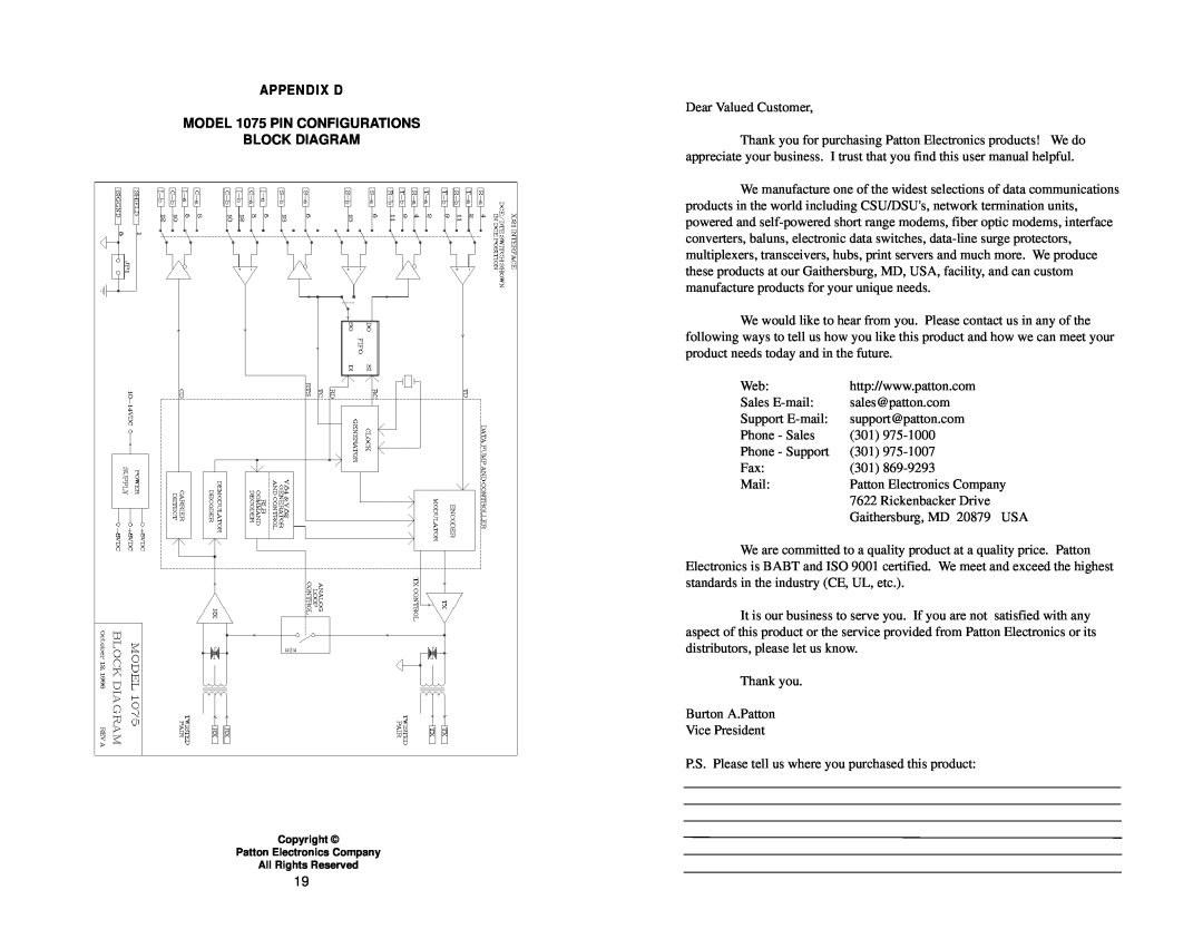Patton electronic user manual MODEL 1075 PIN CONFIGURATIONS, Appendix D 