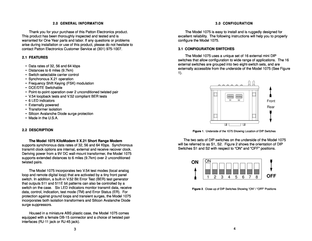 Patton electronic MODEL 1075 user manual On On, Features, Description, Configuration Switches 